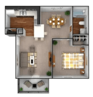 a 3d drawing of a floor plan with a bedroom and living room